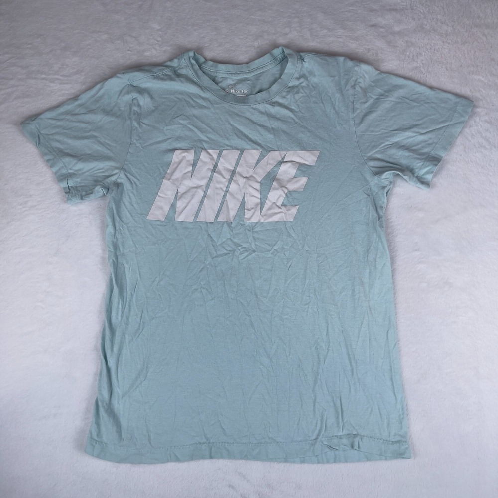 Nike Tee Shirt Mens Small Teal Short‎ Sleeve Spellout Logo Crew Neck Pullover